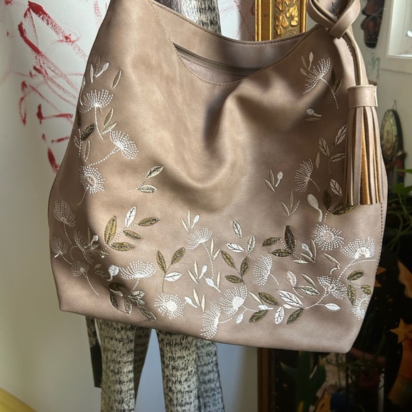 Denver Hayes Handbags - Denver Hayes Floral Embroidered Brown Hobo Bag